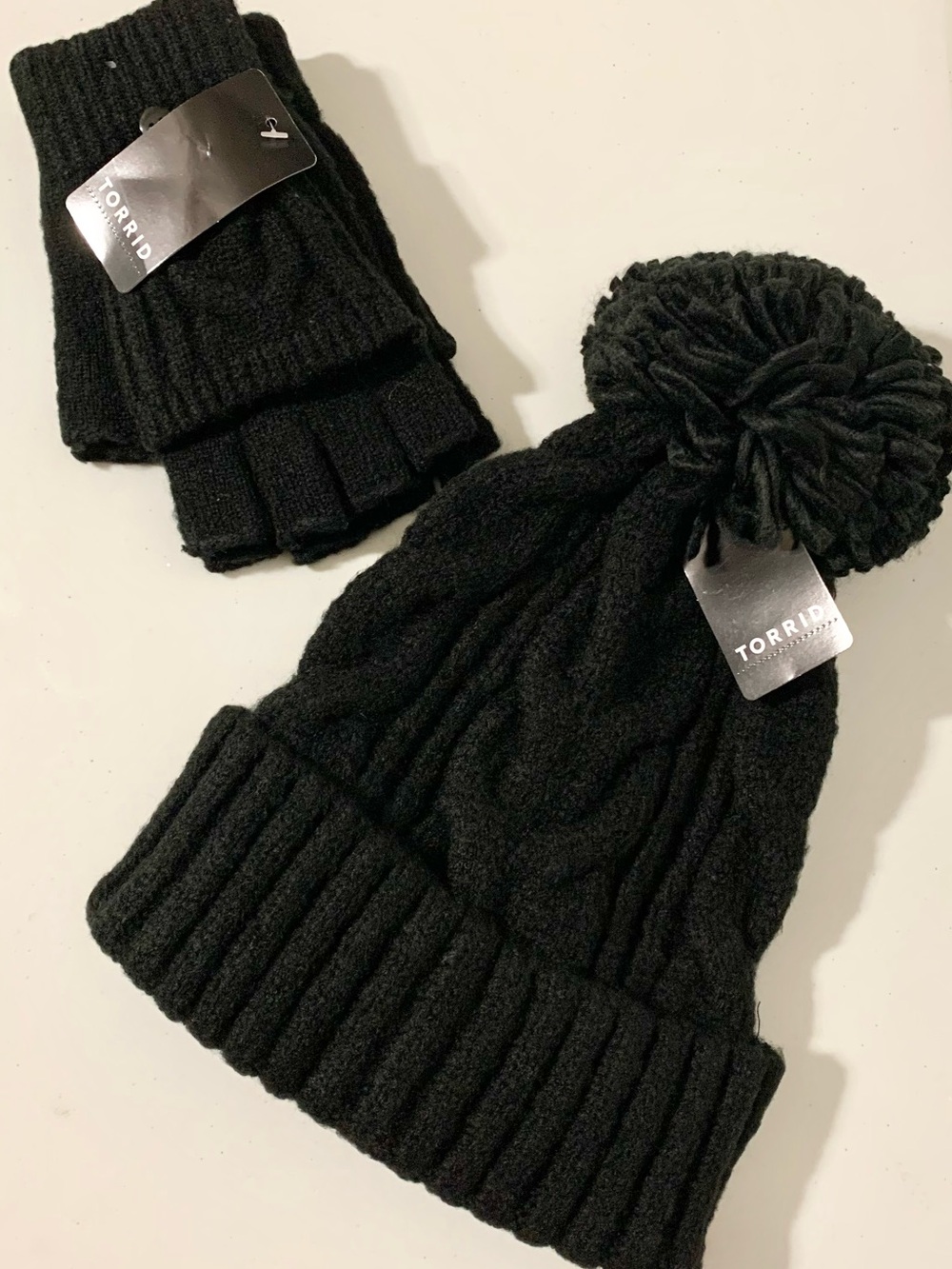 Torrid Cableknit Pom Hat Beanie + Foldover Fingerless Gloves NWT